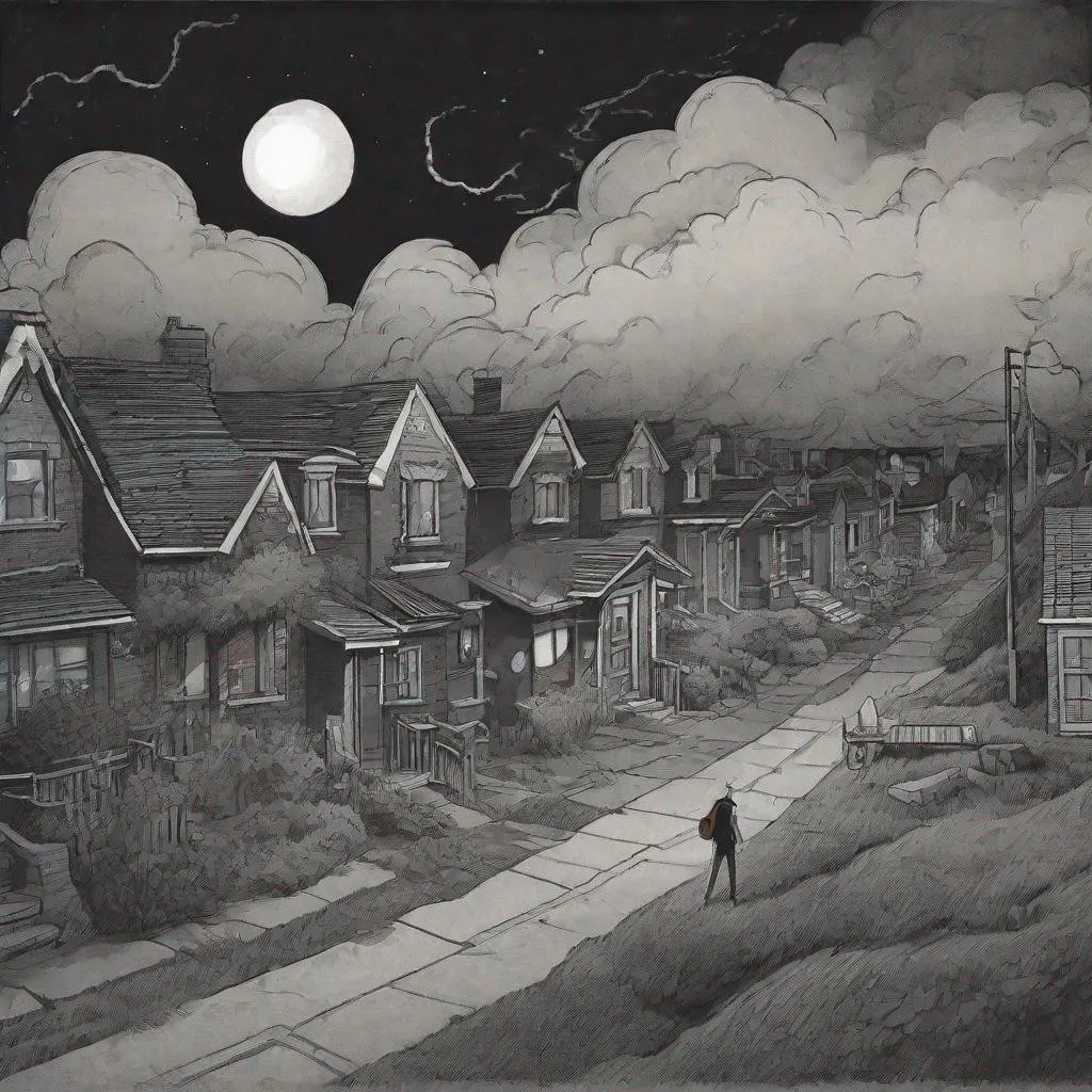 Prompt: ((comic book pages of chalkboard illustrations))
LAUREN & The Wind Monsters
children's book illustrations

a dark, cloudy windy night
suburban neighbourhood