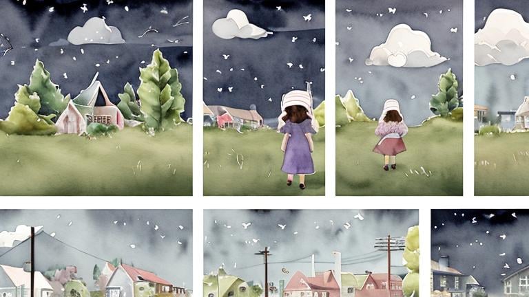 Prompt: LAUREN & The Wind Monsters
watercolor and papercraft
children's book illustrations
horizontal tryptych panels
a dark, cloudy windy night
suburban neighbourhood