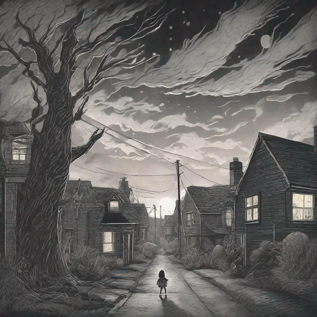 Prompt: ((comic book pages of chalkboard illustrations))
LAUREN & The Wind Monsters
children's book illustrations

a dark, cloudy windy night
suburban neighbourhood