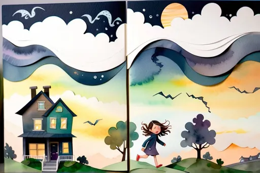 Prompt: LAUREN & The Wind Monsters
watercolor and papercraft
children's book illustrations
horizontal tryptych panels
a dark, cloudy windy night
suburban neighbourhood