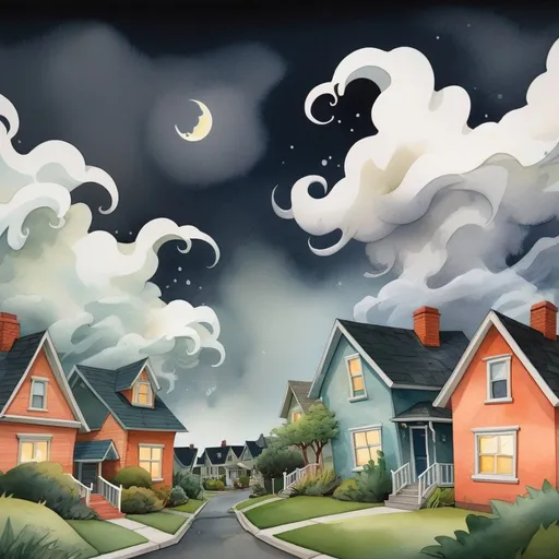 Prompt: LAUREN & The Wind Monsters
watercolor and papercraft
children's book illustrations
horizontal tryptych panels
a dark, cloudy windy night
suburban neighbourhood