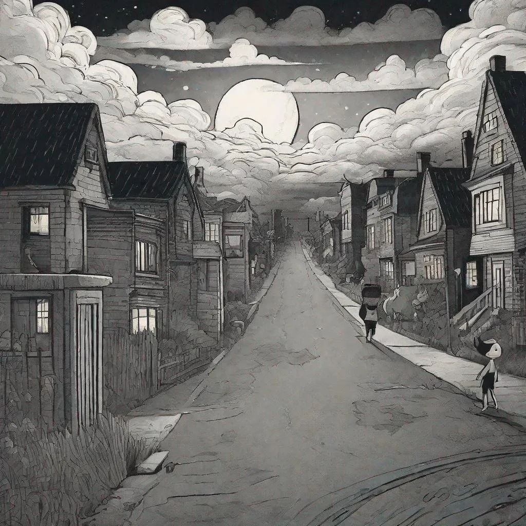 Prompt: ((comic book pages of chalkboard illustrations))
LAUREN & The Wind Monsters
children's book illustrations

a dark, cloudy windy night
suburban neighbourhood