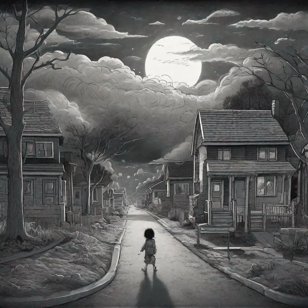 Prompt: ((comic book pages of chalkboard illustrations))
LAUREN & The Wind Monsters
children's book illustrations

a dark, cloudy windy night
suburban neighbourhood