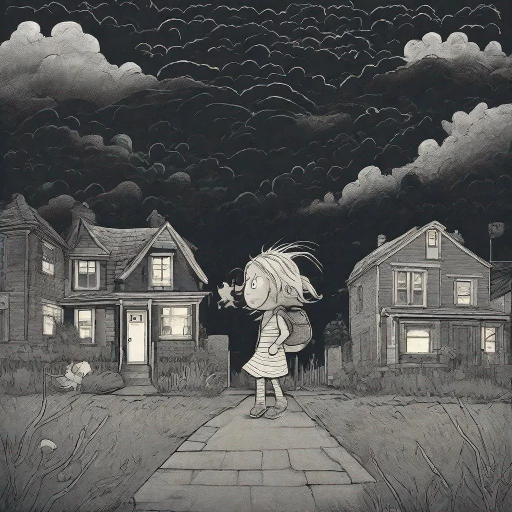 Prompt: ((comic book pages of chalkboard illustrations))
LAUREN & The Wind Monsters
children's book illustrations

a dark, cloudy windy night
suburban neighbourhood