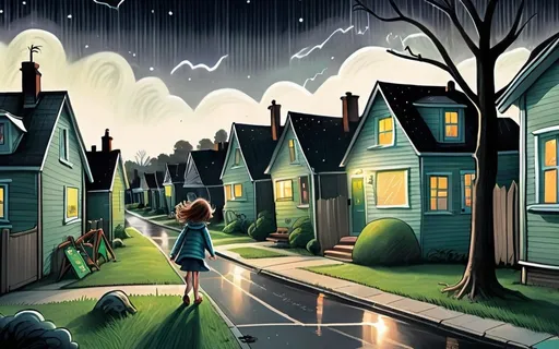 Prompt: ((multi-panel comic book pages of chalkboard illustrations)) LAUREN & The Wind Monsters children's book illustrations a dark, cloudy windy night suburban neighbourhood