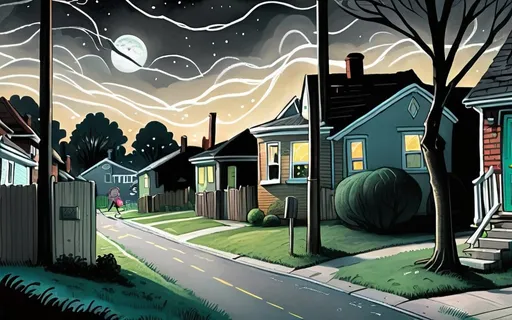 Prompt: ((multi-panel comic book pages of chalkboard illustrations)) LAUREN & The Wind Monsters children's book illustrations a dark, cloudy windy night suburban neighbourhood
