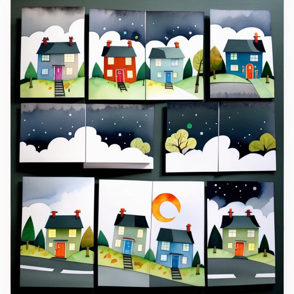 Prompt: LAUREN & The Wind Monsters
watercolor and papercraft
children's book illustrations
horizontal tryptych panels
a dark, cloudy windy night
suburban neighbourhood