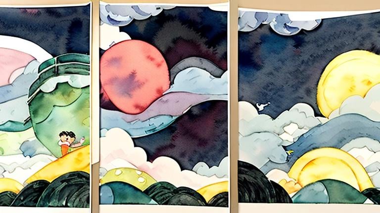 Prompt: LAUREN & The Wind Monsters
watercolor and papercraft
children's book illustrations
horizontal tryptych panels
a dark, cloudy windy night
suburban neighbourhood