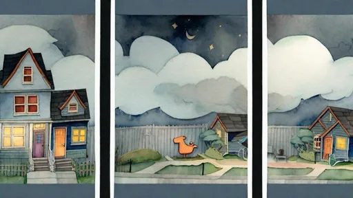 Prompt: LAUREN & The Wind Monsters
watercolor and papercraft
children's book illustrations
horizontal tryptych panels
a dark, cloudy windy night
suburban neighbourhood