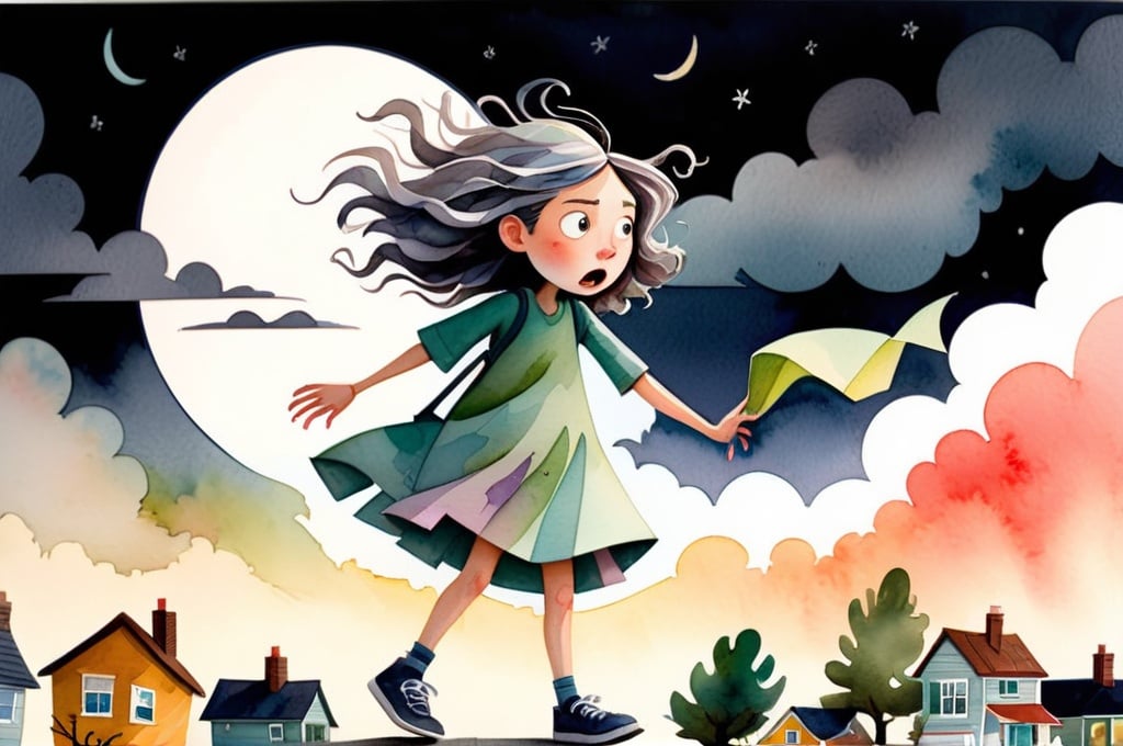 Prompt: LAUREN & The Wind Monsters
watercolor and papercraft
children's book illustrations
horizontal tryptych panels
a dark, cloudy windy night
suburban neighbourhood