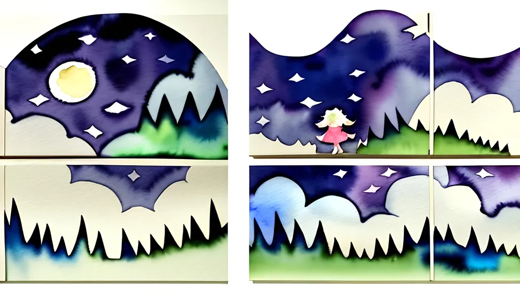 Prompt: LAUREN & The Wind Monsters
watercolor and papercraft
children's book illustrations
continuous horizontal tryptych panels
a dark, cloudy windy night
suburban neighbourhood