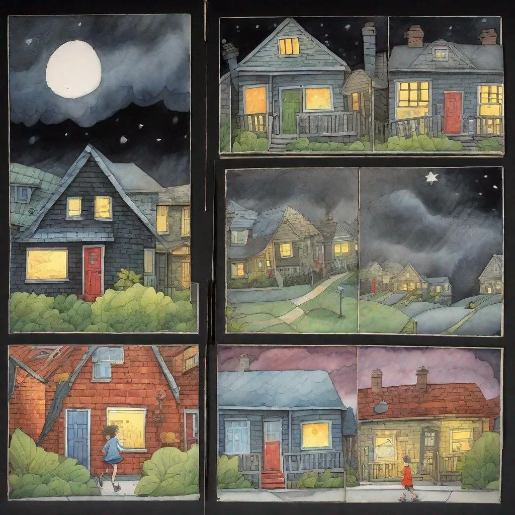 Prompt: ((comic book pages of chalkboard illustrations))
LAUREN & The Wind Monsters
watercolor and papercraft
children's book illustrations
horizontal tryptych panels
a dark, cloudy windy night
suburban neighbourhood