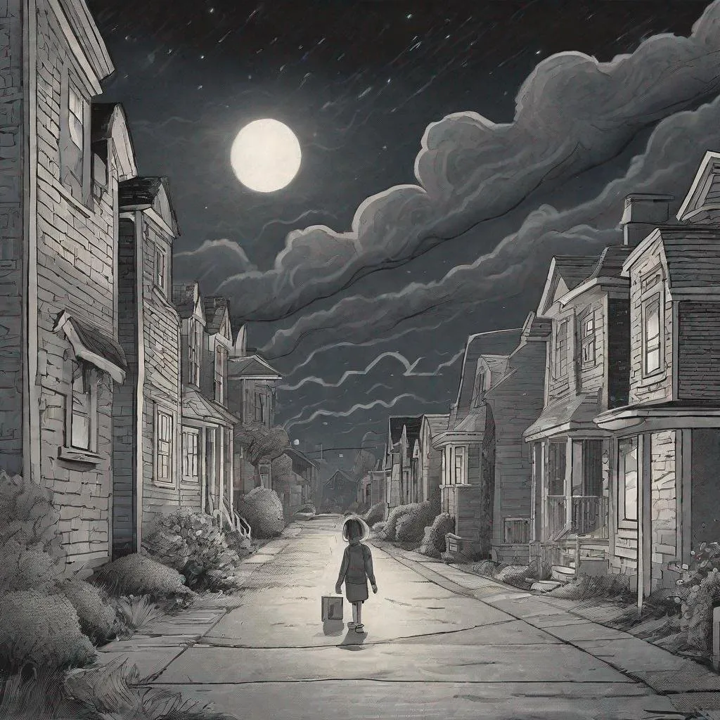 Prompt: ((comic book pages of chalkboard illustrations))
LAUREN & The Wind Monsters
children's book illustrations

a dark, cloudy windy night
suburban neighbourhood