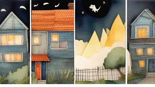 Prompt: LAUREN & The Wind Monsters
watercolor and papercraft
children's book illustrations
horizontal tryptych panels
a dark, cloudy windy night
suburban neighbourhood