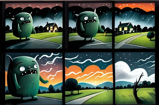 Prompt: ((multi-panel comic book pages of chalkboard illustrations)) LAUREN & The Wind Monsters children's book illustrations a dark, cloudy windy night suburban neighbourhood