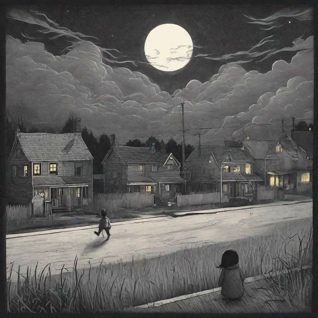 Prompt: ((comic book pages of chalkboard illustrations))
LAUREN & The Wind Monsters
children's book illustrations

a dark, cloudy windy night
suburban neighbourhood