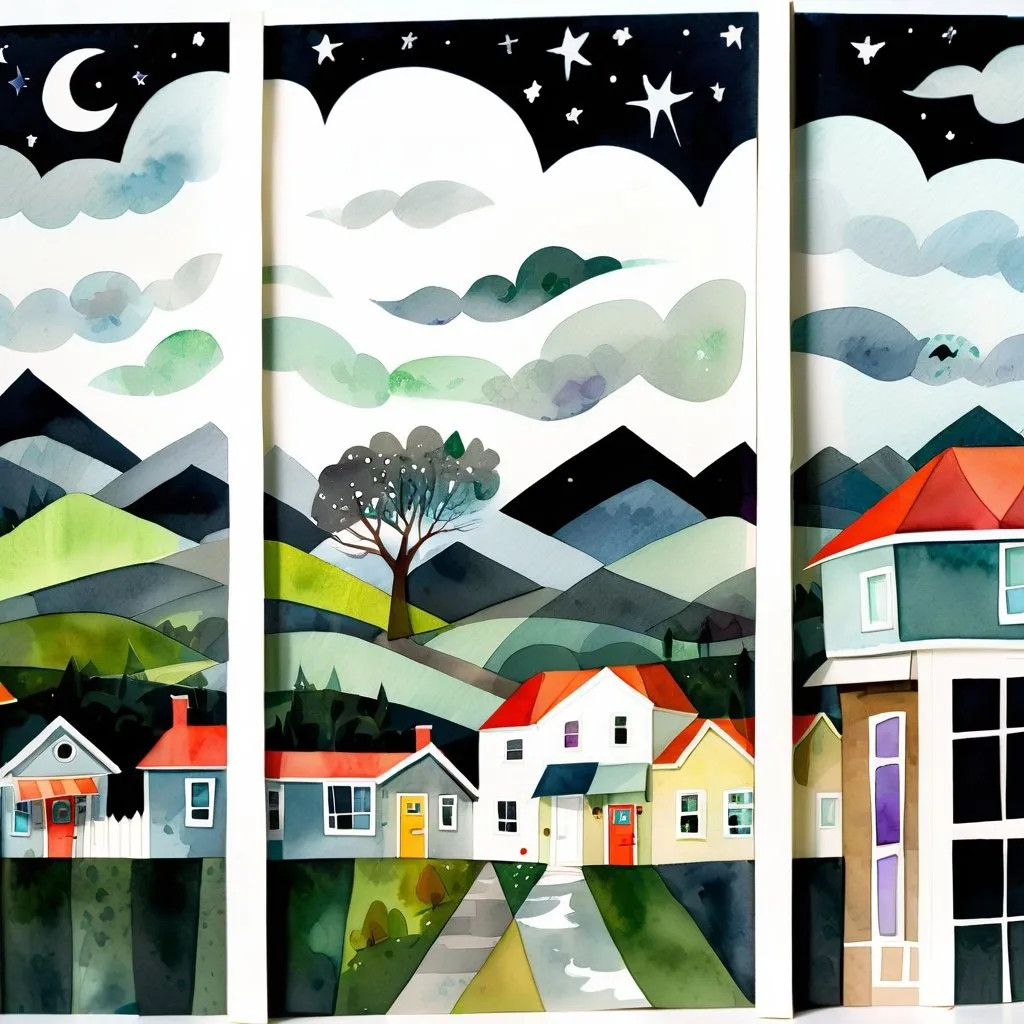 Prompt: LAUREN & The Wind Monsters
watercolor and papercraft
children's book illustrations
horizontal tryptych panels
a dark, cloudy windy night
suburban neighbourhood