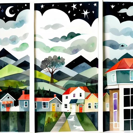Prompt: LAUREN & The Wind Monsters
watercolor and papercraft
children's book illustrations
horizontal tryptych panels
a dark, cloudy windy night
suburban neighbourhood
