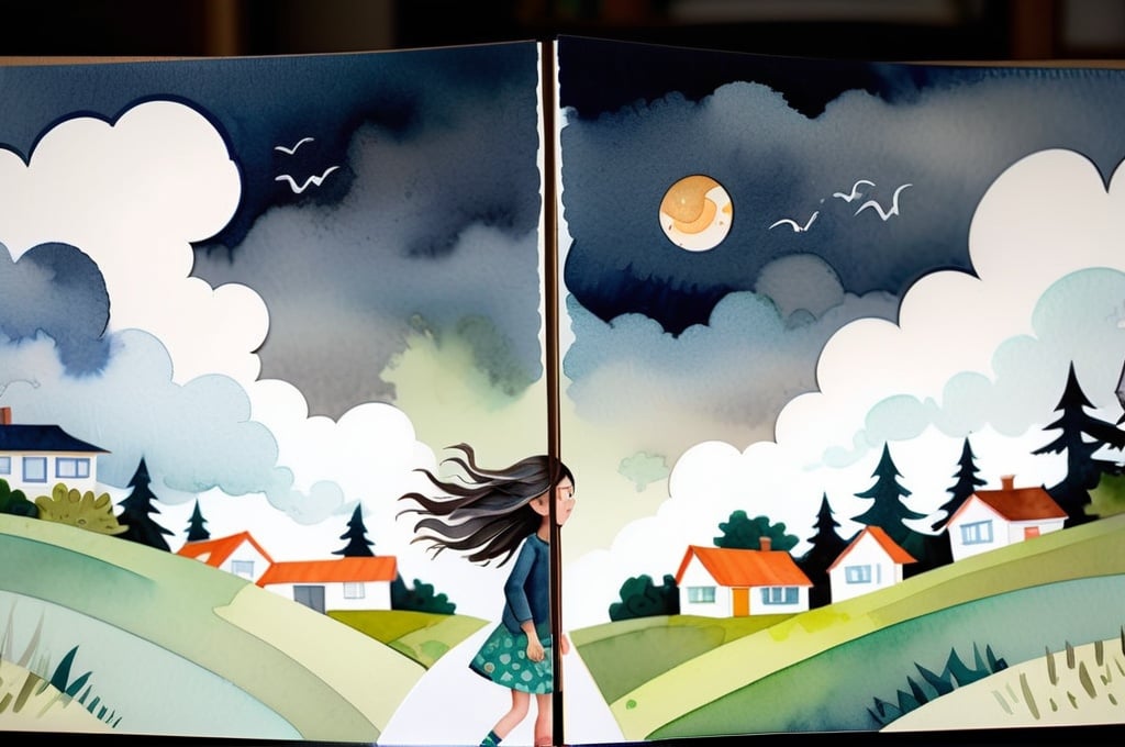 Prompt: LAUREN & The Wind Monsters
watercolor and papercraft
children's book illustrations
horizontal tryptych panels
a dark, cloudy windy night
suburban neighbourhood