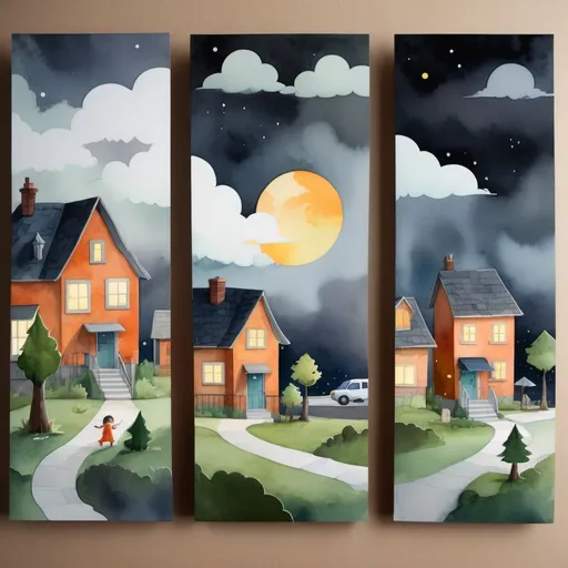 Prompt: LAUREN & The Wind Monsters
watercolor and papercraft
children's book illustrations
horizontal tryptych panels
a dark, cloudy windy night
suburban neighbourhood