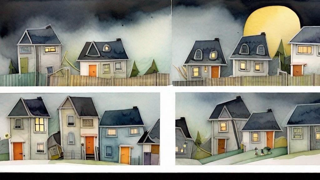 Prompt: LAUREN & The Wind Monsters
watercolor and papercraft
children's book illustrations
horizontal tryptych panels
a dark, cloudy windy night
suburban neighbourhood