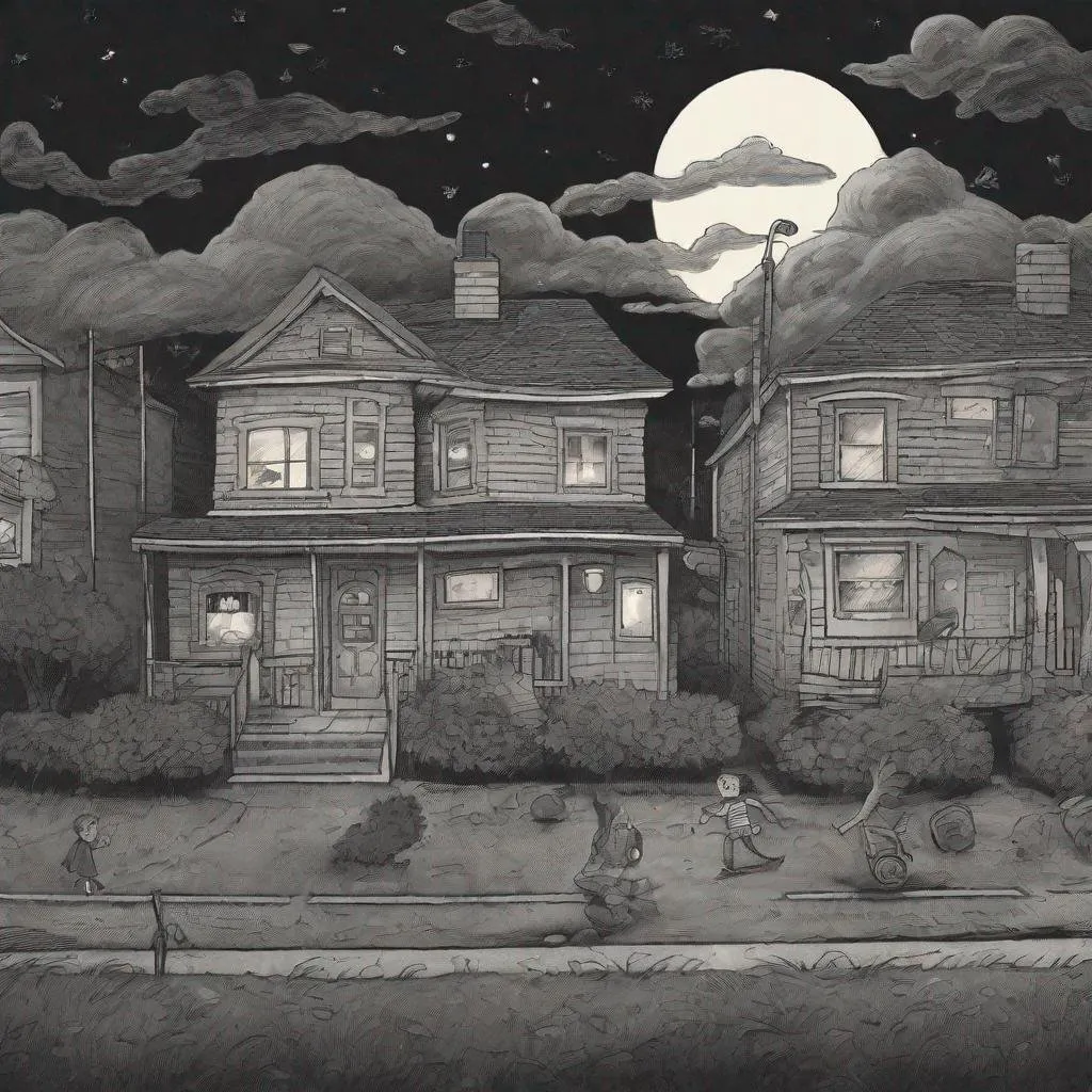 Prompt: ((comic book pages of chalkboard illustrations))
LAUREN & The Wind Monsters
children's book illustrations

a dark, cloudy windy night
suburban neighbourhood