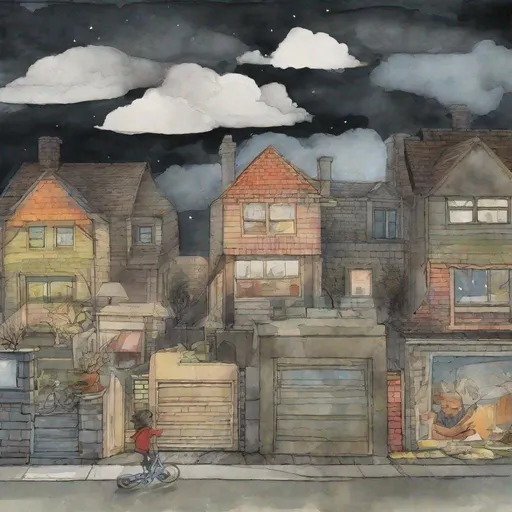 Prompt: ((comic book pages of chalkboard illustrations))
LAUREN & The Wind Monsters
watercolor and papercraft
children's book illustrations
horizontal tryptych panels
a dark, cloudy windy night
suburban neighbourhood