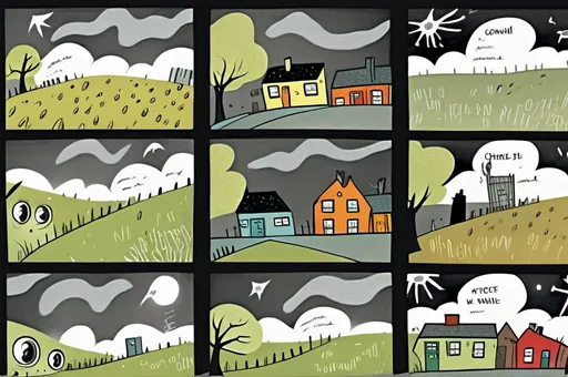 Prompt: ((multi-panel comic book pages of chalkboard illustrations)) LAUREN & The Wind Monsters children's book illustrations a dark, cloudy windy night suburban neighbourhood