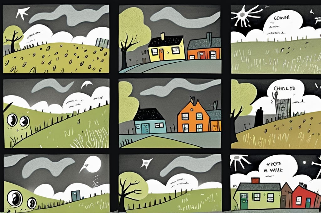 Prompt: ((multi-panel comic book pages of chalkboard illustrations)) LAUREN & The Wind Monsters children's book illustrations a dark, cloudy windy night suburban neighbourhood