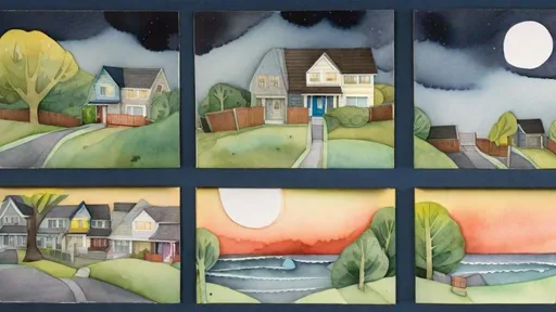 Prompt: LAUREN & The Wind Monsters
watercolor and papercraft
children's book illustrations
horizontal tryptych panels
a dark, cloudy windy night
suburban neighbourhood