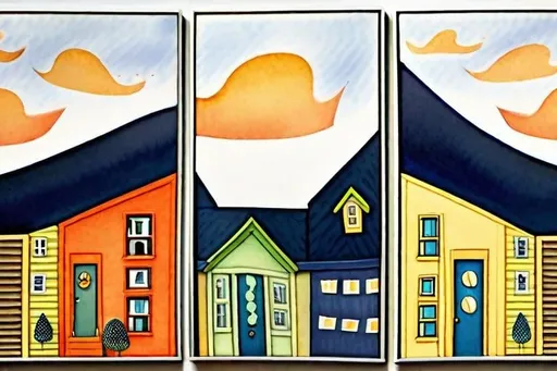 Prompt: LAUREN & The Wind Monsters
watercolor and papercraft
children's book illustrations
horizontal tryptych panels
a dark, cloudy windy night
suburban neighbourhood