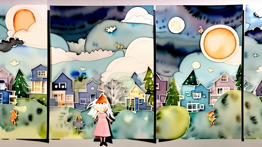 Prompt: LAUREN & The Wind Monsters
watercolor and papercraft
children's book illustrations
horizontal tryptych panels
a dark, cloudy windy night
suburban neighbourhood