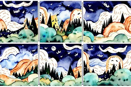 Prompt: LAUREN & The Wind Monsters
watercolor and papercraft
children's book illustrations
horizontal tryptych panels
a dark, cloudy windy night
suburban neighbourhood