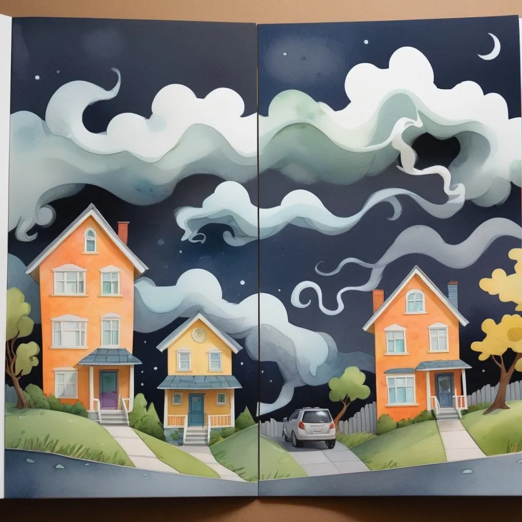 Prompt: LAUREN & The Wind Monsters
watercolor and papercraft
children's book illustrations
horizontal tryptych panels
a dark, cloudy windy night
suburban neighbourhood