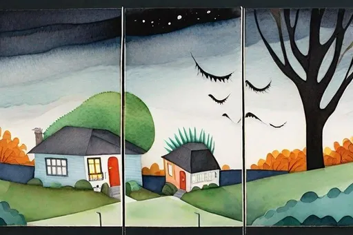 Prompt: LAUREN & The Wind Monsters
watercolor and papercraft
children's book illustrations
horizontal tryptych panels
a dark, cloudy windy night
suburban neighbourhood
