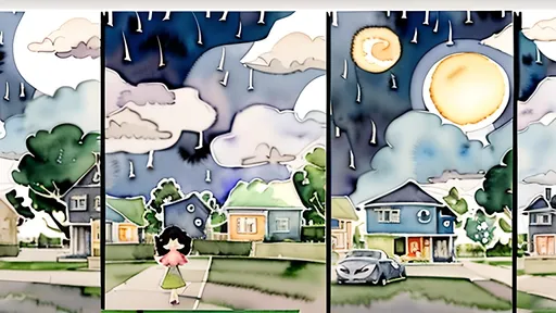 Prompt: LAUREN & The Wind Monsters
watercolor and papercraft
children's book illustrations
horizontal tryptych panels
a dark, cloudy windy night
suburban neighbourhood