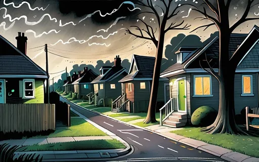 Prompt: ((multi-panel comic book pages of chalkboard illustrations)) LAUREN & The Wind Monsters children's book illustrations a dark, cloudy windy night suburban neighbourhood