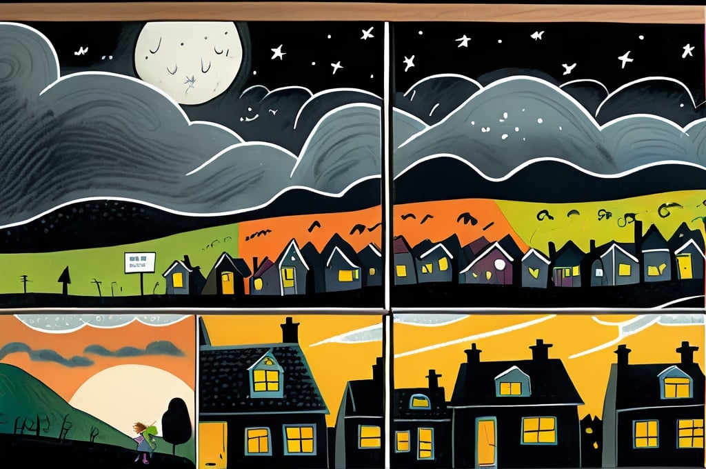 Prompt: ((multi-panel comic book pages of chalkboard illustrations)) LAUREN & The Wind Monsters children's book illustrations a dark, cloudy windy night suburban neighbourhood