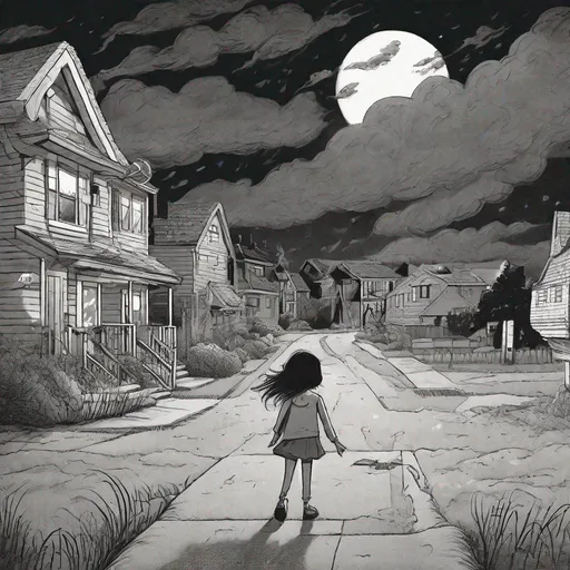 Prompt: ((comic book pages of chalkboard illustrations))
LAUREN & The Wind Monsters
children's book illustrations

a dark, cloudy windy night
suburban neighbourhood