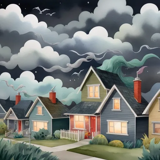 Prompt: LAUREN & The Wind Monsters
watercolor and papercraft
children's book illustrations
horizontal tryptych panels
a dark, cloudy windy night
suburban neighbourhood