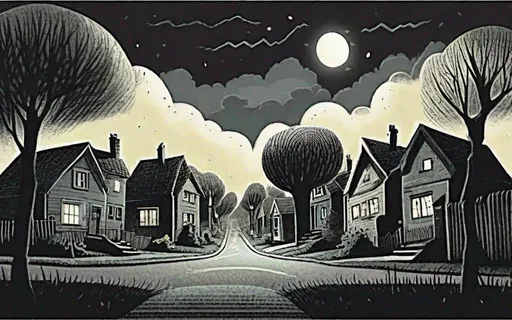 Prompt: ((comic book pages of chalkboard illustrations))
LAUREN & The Wind Monsters
children's book illustrations

a dark, cloudy windy night
suburban neighbourhood