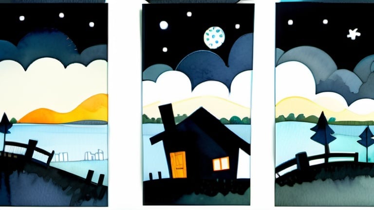 Prompt: LAUREN & The Wind Monsters
watercolor and papercraft
children's book illustrations
horizontal tryptych panels
a dark, cloudy windy night
suburban neighbourhood