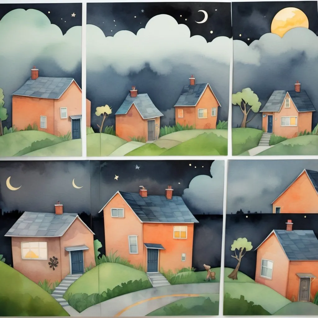 Prompt: LAUREN & The Wind Monsters
watercolor and papercraft
children's book illustrations
horizontal tryptych panels
a dark, cloudy windy night
suburban neighbourhood