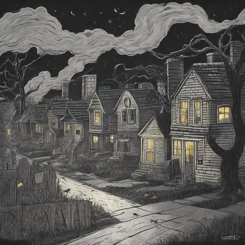 Prompt: ((comic book pages of chalkboard illustrations))
LAUREN & The Wind Monsters
children's book illustrations

a dark, cloudy windy night
suburban neighbourhood