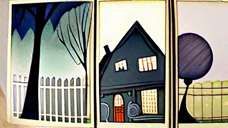 Prompt: LAUREN & The Wind Monsters
watercolor and papercraft
children's book illustrations
horizontal tryptych panels
a dark, cloudy windy night
suburban neighbourhood