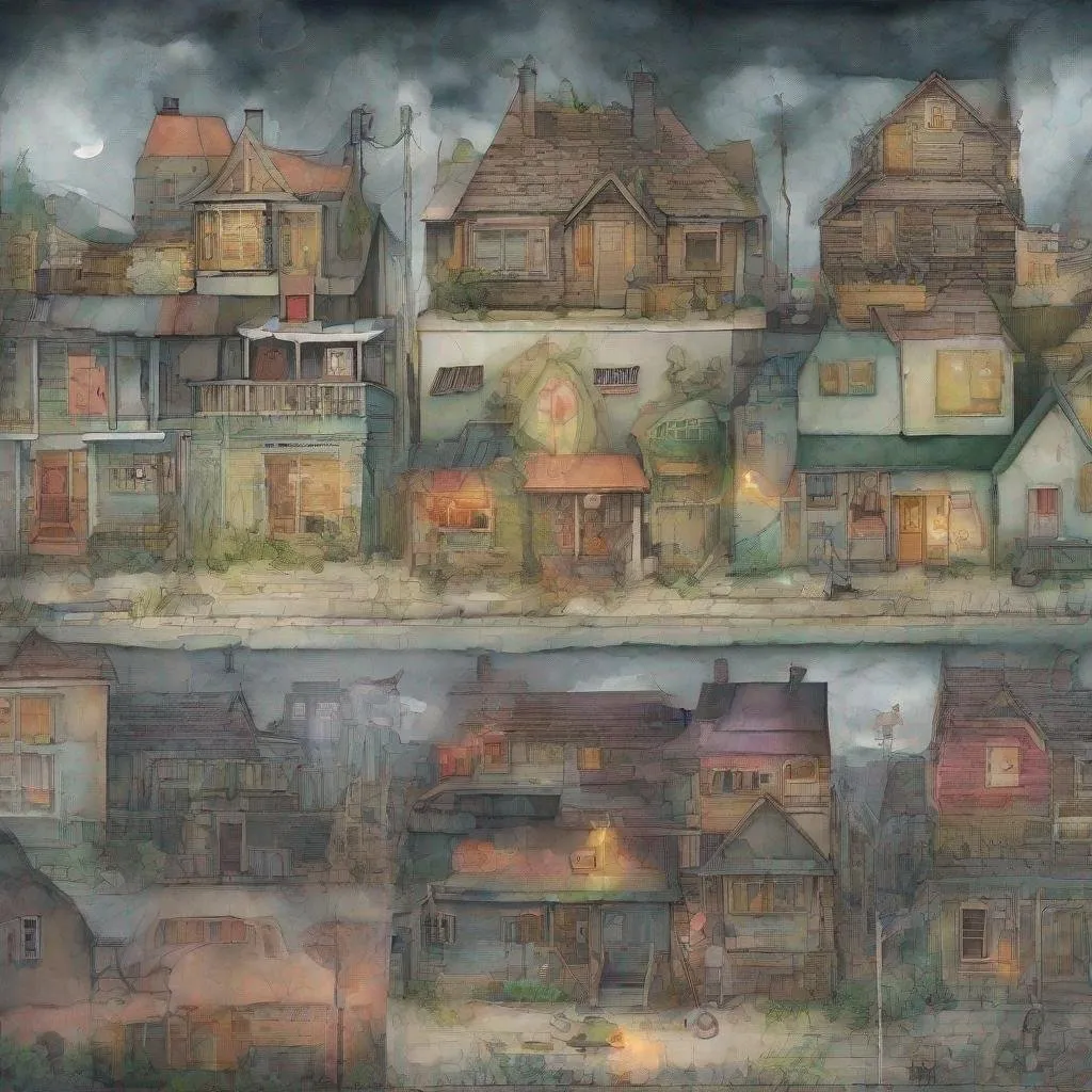 Prompt: ((comic book pages of chalkboard illustrations))
LAUREN & The Wind Monsters
watercolor and papercraft
children's book illustrations
horizontal tryptych panels
a dark, cloudy windy night
suburban neighbourhood