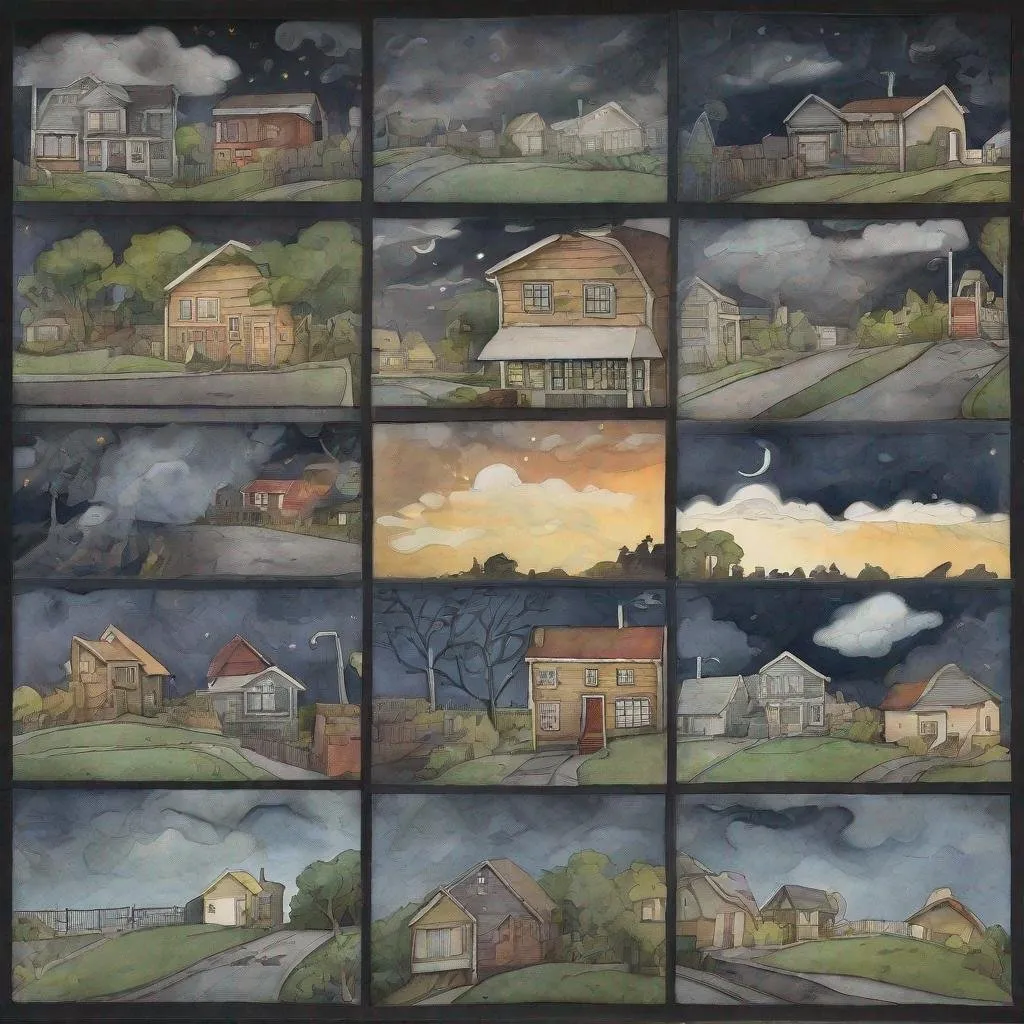 Prompt: ((comic book pages of chalkboard illustrations))
LAUREN & The Wind Monsters
watercolor and papercraft
children's book illustrations
horizontal tryptych panels
a dark, cloudy windy night
suburban neighbourhood