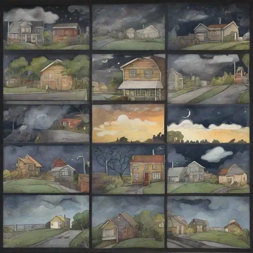 Prompt: ((comic book pages of chalkboard illustrations))
LAUREN & The Wind Monsters
watercolor and papercraft
children's book illustrations
horizontal tryptych panels
a dark, cloudy windy night
suburban neighbourhood