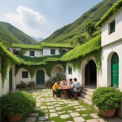 Prompt: Generate an image of a serene landscape with green mountains and rugged rolling hills resembling a thick green carpet covering the land. Several yellow and white houses, shaped like cubes and built with cream-colored marble stone, are scattered on one of the hills. The walls and door frames of the houses are covered in green ivy, some of which have blossomed small flowers. Beneath one of the houses, there are two arched gates leading to a semi-outdoor resting area. Inside the resting area, two tables can be seen, with four people sitting by the left table. There are two middle-aged men and two young women, resting and drinking tea, sitting across from each other.