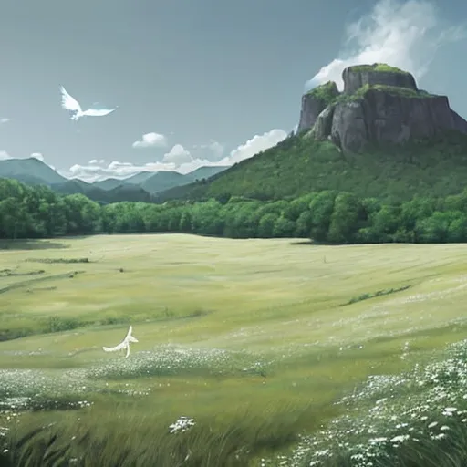 Prompt: Generate an image of a vast, wide field of hills and grass stretching out in front of the viewer. Small clumps of forests are scattered across the landscape, mostly shorter shrubs that don’t grow too tall. The lush green forests and dark green grassy plains practically merge into one another. In the scene, small white butterflies can be seen dancing in circles around little flowers on the grass, while groups of unnamed birds occasionally fly across the sky, emitting soft shrill cries.

a t-rex with longs arms, a rooster crown on its head, long tail, running across a green grassland, mountains in the background, forests in the distance